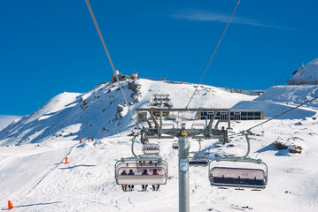 Beautiful view of Gornergrat, Zermatt, Matterhorn ski resort in Switzerland with cable chair lift...