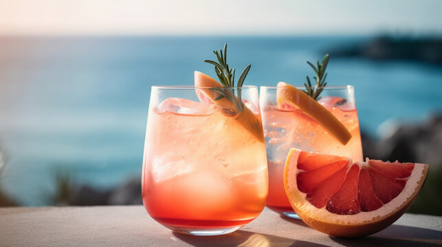 Grapefruit summer cocktail on sea background, a perfect blend of sweetness and citrus, Generative AI