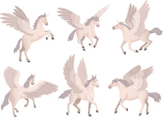 Flying pegasus. Cartoon mythical horse with wings, magical horses running poses animation, fairy unicorn animal fairytale creature steed in clouds, ingenious vector illustration © ssstocker