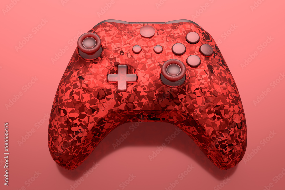 Poster Realistic video game joystick with mosaic pattern on red background