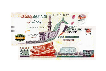 Two hundred Egyptian pounds banknotes isolated on white background
