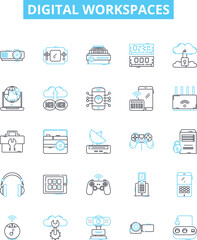 Digital workspaces vector line icons set. Digital, Workspaces, Virtual, Collaborative, Cloud, Office, Platform illustration outline concept symbols and signs