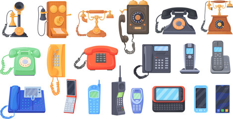 Naklejka na ściany i meble Vintage phones and smartphones. First telephone, old cellphone or modern smartphone set, call communication invention, retro mobile digital phone evolution neat vector illustration