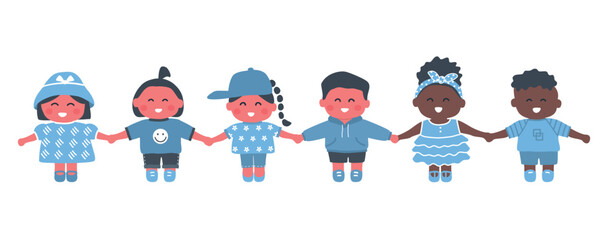 children holding hands. Multiracial group of baby girls and baby boys. Cute cartoon characters. Vector illustration