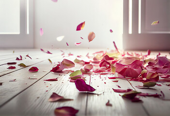 Pink rose petals fall on the white wooden floor in diffused light.. Generative AI