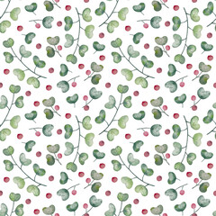 Watercolor botanical seamless pattern with green leaves and red berries. Delicate floral background for textiles, fabrics, wrapping paper.