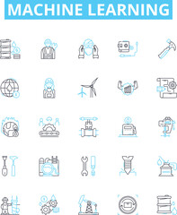 Machine learning vector line icons set. machine, learning, artificial, intelligence, algorithm, data, model illustration outline concept symbols and signs
