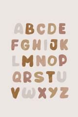 Hand drawn cute alphabet poster. illustration funny letters. Pastel color cute alphabet drawing. Kids room print illustration.