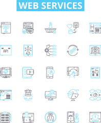 Web services vector line icons set. Web, services, API, REST, SOAP, applications, XML illustration outline concept symbols and signs
