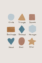 Hand drawn cute shapes kids poster. Pastel colored round, triangle, square, rectangle, diamond, hexagon, heart, oval and star shapes. Kids room print illustration.
