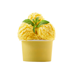 Lemon or mango ice cream with cone isolated on white