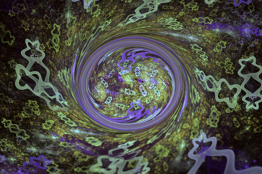 Green purple swirling pattern of curved shapes on a black background. Abstract fractal 3D rendering