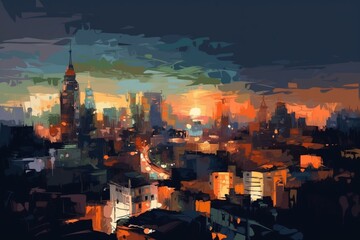 Fototapeta premium The night landscape of Bangkok city center Illustrations creates an impressionist style of painting. Generative AI