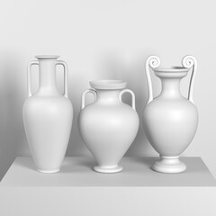 Three ancient Greek white vases without drawings or ornaments stand on a pedestal on a white background. 3d render.