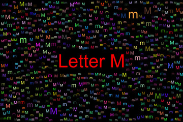 Fototapeta na wymiar Letter M with tiny colorful letters M all over the place. The title latter M is in red color and the background is black.
