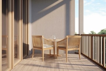 Tables and chairs on the balcony of the house, 3D rendering. Generative AI