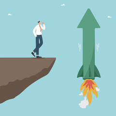 Innovative solution or invention of a product, riskiness of a new business or investment, vision of their profitability and quick payback, man stands on a rock and looks at a rocket arrow taking off.