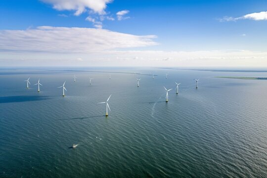 Aerial view, Enormous windmills stand in the sea along a dutch sea. Fryslân wind farm, the largest inland wind farm in the world. Friesland, Ijsselmeer, Breezanddijk, Netherlands. Generative AI