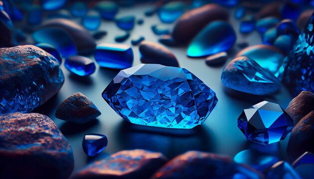Beautiful fantastic blue sapphires, treasure concept, generative AI