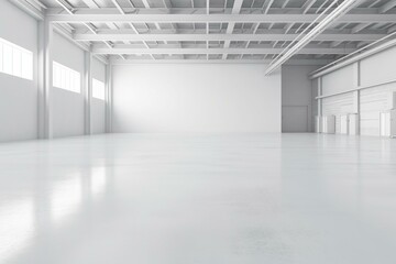 White warehouse background with a concrete floor in perspective view. 3D illustration rendering. Generative AI