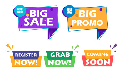 Set of vector badges and stickers big sale, big promo, register now, grab now, coming soon vector graphic