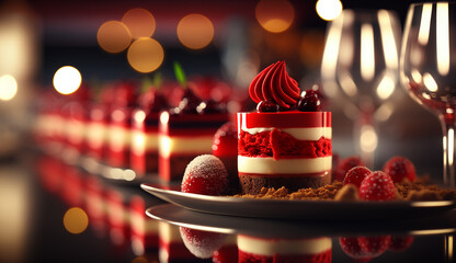 buffet with sweets desserts red  pastries in a restaurant  