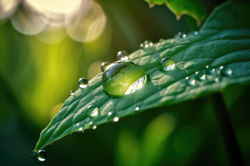 Beautiful water drops sparkle in sun on leaf in sunlight, macro. 