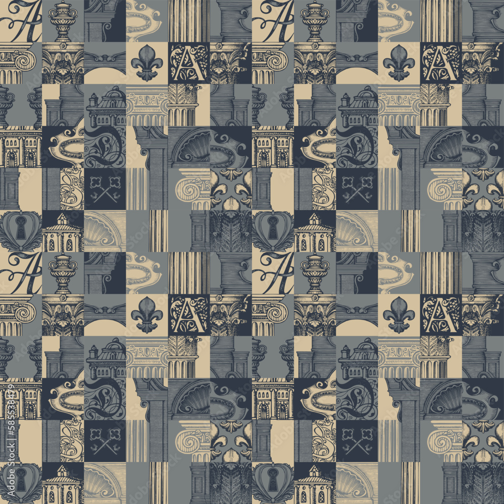 Poster abstract seamless pattern on theme of medieval architecture and art. vector background with colored 