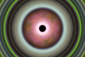 Multicolored round pattern of crooked waves with a hole on a black background. Abstract fractal 3D rendering