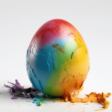 colorful painted easter egg with cracked shell on white background