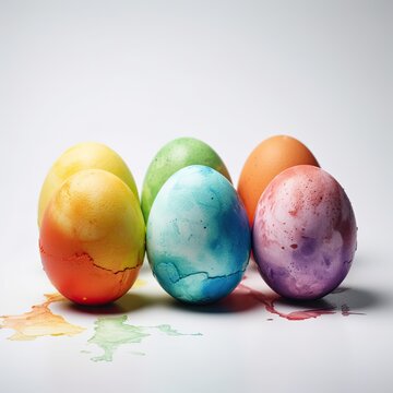 six colorful painted easter eggs on white background
