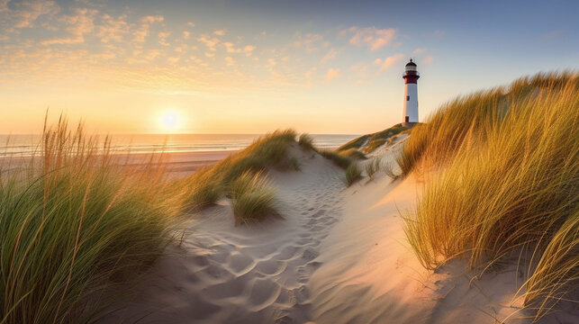 Showcasing the serene and picturesque beach scene on the island of Sylt, Germany, capturing the pristine white sand, rolling waves of the North Sea, and a majestic lighthouse 