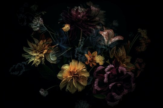 a bunch of flowers that are in the dark room together. generative ai © Casey