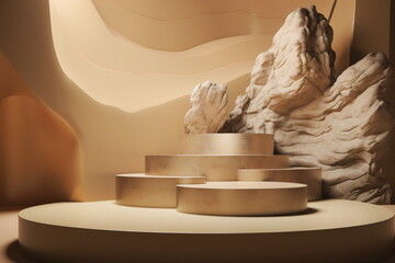 Warm Toned Product Podium with Rocks in Modern Environment. Generative Ai