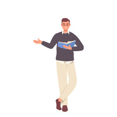 Professional male literature teacher character standing with book in hand vector illustration