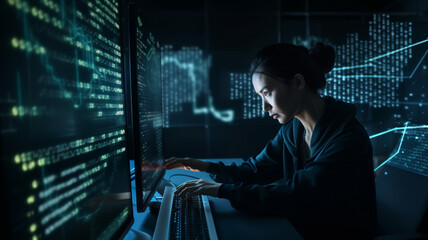 Hacker women in tech, security, Data protection, Woman working on computers, tech atmosphere, futuristic, Woman coding, AI, Generative Image