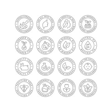 Cosmetics and skin care line label set. Hypoallergenic, paraben free natural cosmetics vector labels.
