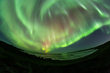 Full sky aurora borealis over Sandvik beach Iceland