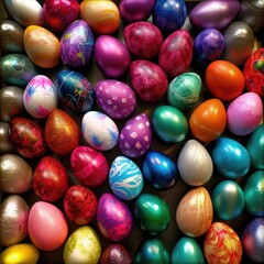 Fototapeta na wymiar Vue aérienne de plusieurs œufs de Pâque colorés et décorés