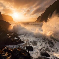 crashing waves in the sunset at an amazing coastline