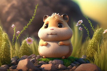 Cute Cartoon Hamster in the Woods  (Generative AI)