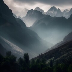 large mountains menacing with fog in valley