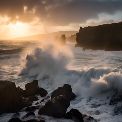 sunset over the sea with waves crashing