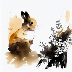 Eastr bunny in the garden. Japanese calligraphy, ink painting. Generative AI Digital Illustration