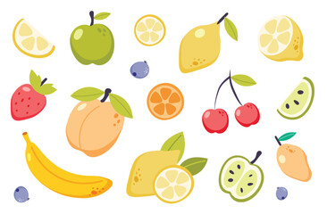 Summer fruit tropical collection. Set of fresh tropical and garden fruits, organic biological vegan food. Cute cartoon vector illustration