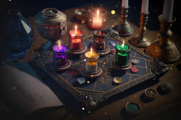 Fototapeta na wymiar Old Book With Magic Spells, Candles And Pentagram On Witch Table. AI Generated