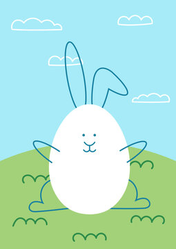Easter bunny picture design. a Bunny on nature background with grass and clouds in the clear sky