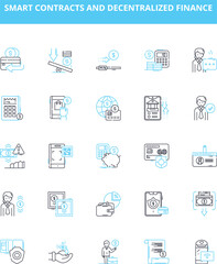 Smart contracts and decentralized finance vector line icons set. Smart, Contracts, Decentralized, Finance, Blockchain, Automation, Security illustration outline concept symbols and signs