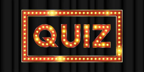 3d red quiz game text for contest show. Golden title typeface for trivia banner template. Marquee light effect typo creative element. Retro alphabet for night knowledge competition in vegas showtime