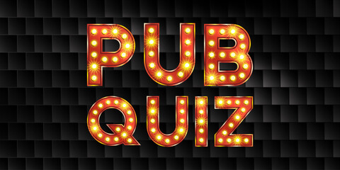 Pub quiz night game with bulb light and tile background. Text bar poster font for brain contest or challenge. Red and gold broadway typography for carnival design. Golden typeface with marquee glow